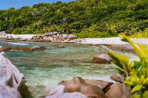 La Digue Island Seychelles Tropical Beach With Granite Boulders