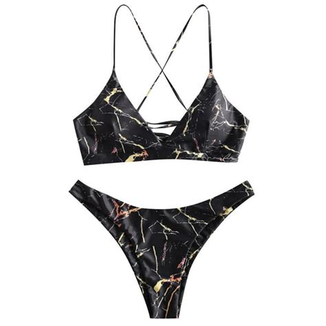 Qcmgmg Women Sexy Criss Cross Swimwear Triangle Low Rise Two Piece Bathing Suit Thong Marble