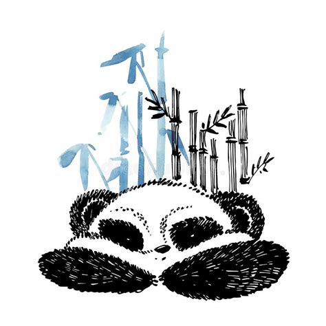 Cute Panda In Graphic Style With Bamboo Ink Hand Drawn Illustration