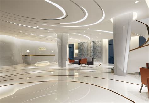 The Interior Of A Modern Office Building With Marble Flooring And White