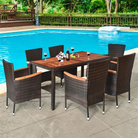 Costway 7PCS Patio Rattan Dining Set 6 Stackable Chairs Cushioned 1
