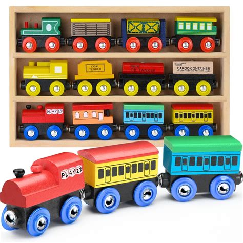 Play22usa Wooden Train Set 12 Pcs Train Toys Magnetic Set Includes 3