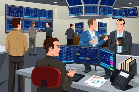 Financial Stock Trader Working In A Trading Room Stock Vector