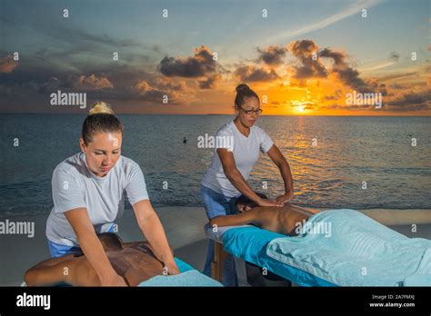 Caribbean Turquoise Beach Massage Therapy Woman Sunset And Beach