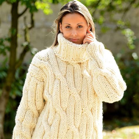 Hand Knitted Pure Merino Wool Sweater White Soft Turtleneck Etsy