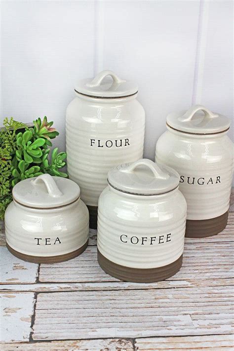 White Farmhouse Pottery Kitchen Canisters Sets Ivory Kitchen Canister