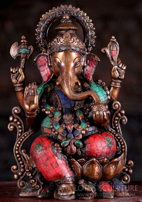 Brass Hindu Ganesh Statue With Beautiful Colored Stones With Trident On