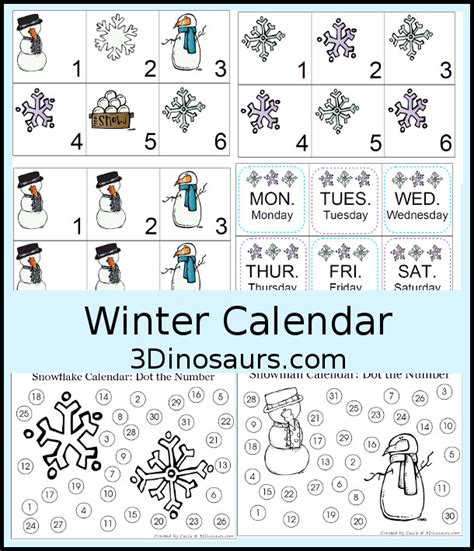 Free Winter Calendar Printable 3 Dinosaurs