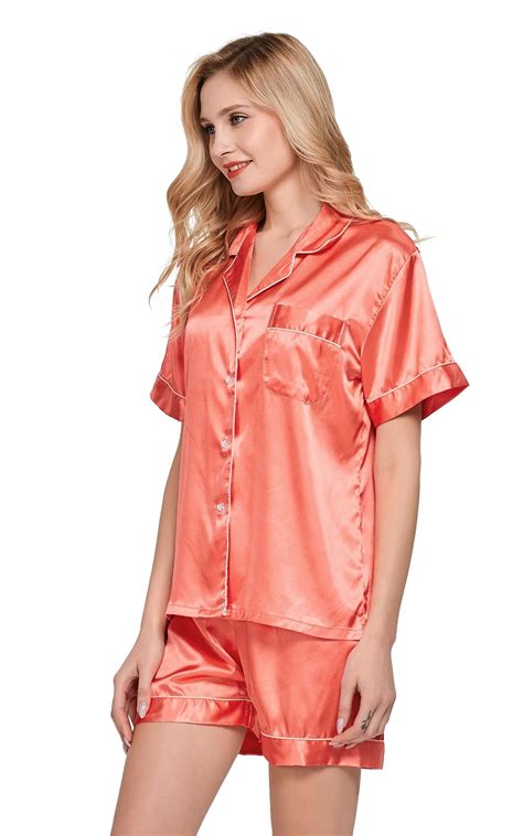 Women S Silk Satin Pajama Set Short Sleeve Living Coral With White Pi Tony And Candice