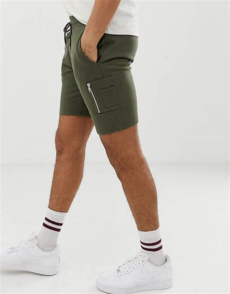 Asos Design Skinny Jersey Shorts With Ma1 Pocket In Khaki Asos