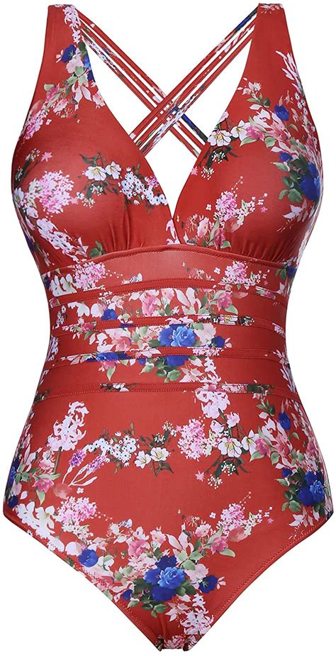 Aibrou Womens One Piece Swimsuits Tummy Control Monokini Red Flower