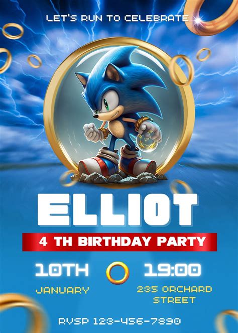 Sonic The Hedgehog Digital Birthday Invitation Boy Party Template