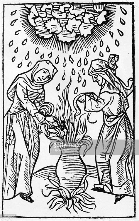 1489 A Woodcut Of Two Witches Casting A Spell To Bring Rain Medieval Art Woodcut Modern