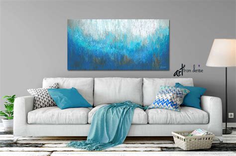 Large Wall Art Horizontal Canvas Abstract Navy Blue Aqua Gray Etsy
