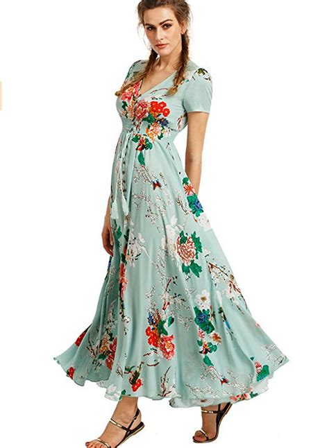 Womens Boho V Neck High Waist Slit Floral Maxi Dress