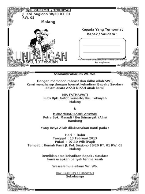 Seperti biasa, mari kita langsung lihat bagaimana bentuk dari surat undangan syukuran pernikahan atau resepsi resmi. Ide 22+ Contoh Undangan Walimatul Nikah