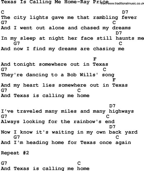 Country Music Texas Is Calling Me Home Ray Price Lyrics And Chords