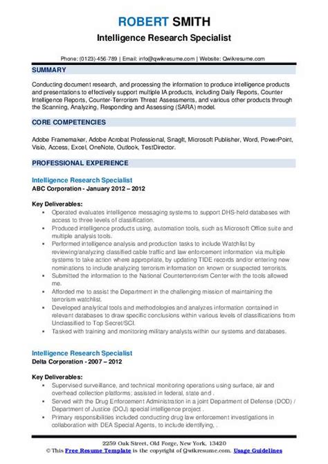 Intelligence Research Specialist Resume Samples Qwikresume