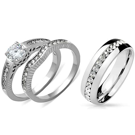 Couple Ring Set Womens 316 Stainless Steel 2 Wedding Rings Set Mens All Around Cz Band Size