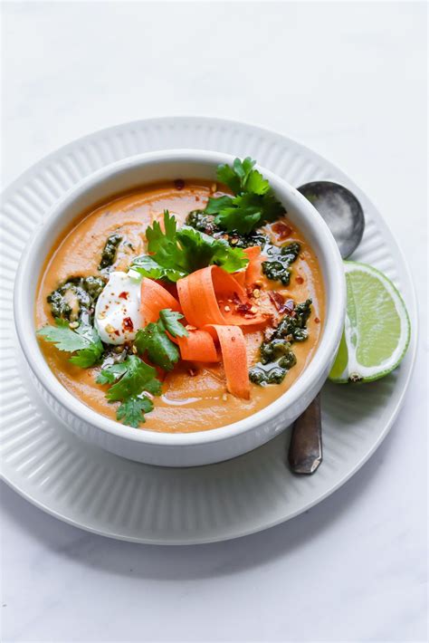 Curried Carrot Coconut Soup With Cilantro Pesto The Maker Makes