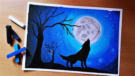 How To Draw Wolf Howling At The Moon With Oil Pastels Wolf Howling At