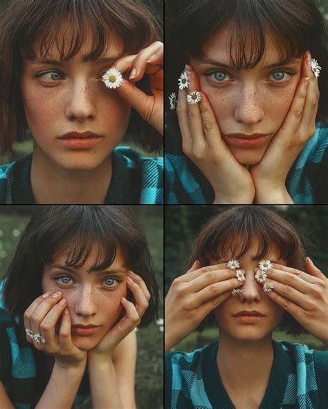 Four Different Pictures Of A Woman Holding Her Hands To Her Face And