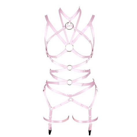 banssgoth women s full body harness bra lingerie cage set leg garter belt chest strap festival