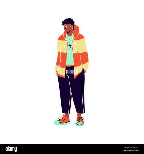 Vector Illustration Of Black Young Man In Stylish Trendy Clothes And Accessories Isolated On