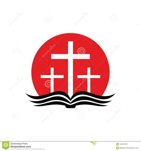 Logotipo Da Igreja Três Cruzes Nascer Do Sol E A Bíblia Aberta
