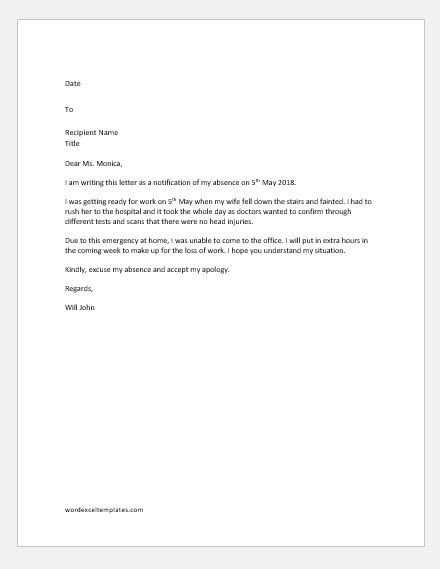 Please excuse my daughter for being absent. Excuse Letter for Missing Work - Formal Sample & Example