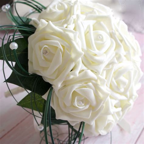 Artificial Ivory Foam Rose Bridal Bouquet Hand Tied Bridal Bouquet