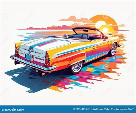 Digital Illustration Of A Convertible Classic Car Sunset And Clouds