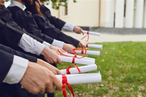 Scrolls Of Diplomas In The Hands Of A Group Of Graduates Stock Image
