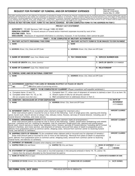 Dd Form 1375 Download Printable Pdf Request For Payment Of Funeral And