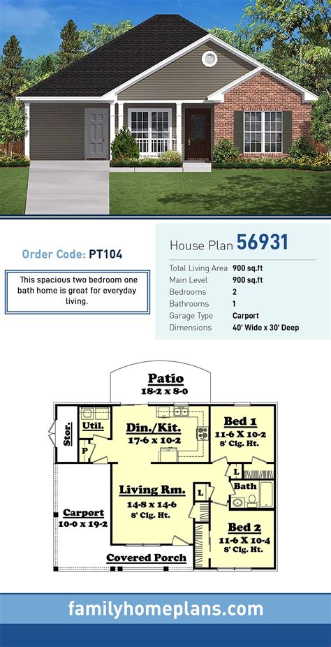 Traditional Style House Plan 56931 With 2 Bed 1 Bath 1 Car Garage