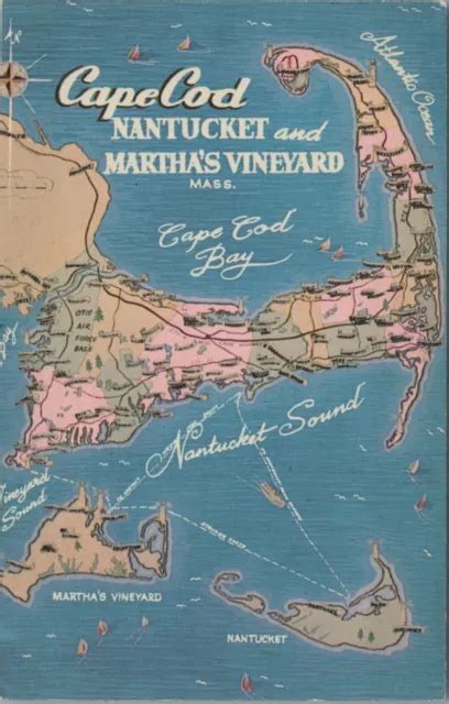 MAP OF CAPE Cod Nantucket MA Martha S Vineyard Massachusetts Postcard