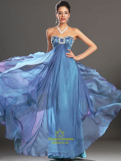 A Line Blue Sweetheart Sleeveless Beaded Pleated Chiffon Prom Dress