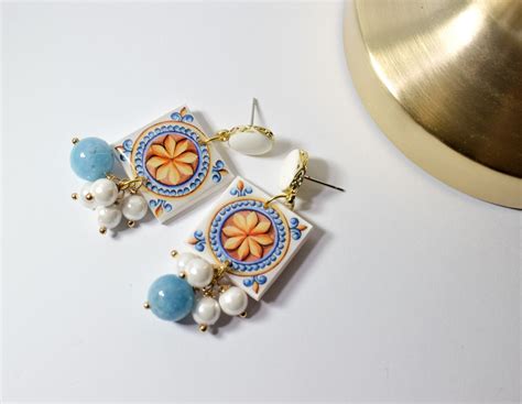 Sicilian Earrings White Majolica Earrings Azulejos Etsy