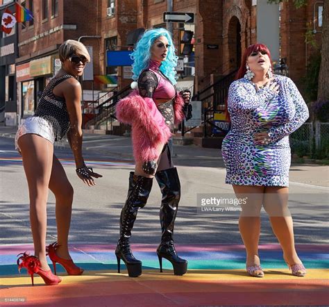 Drag Queens Posing On Rainbow Pavement On City Street Toronto Ontario Canada Dragqueen