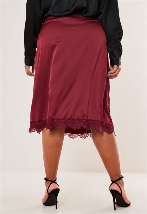 Plus Size Burgundy Lace Trim Satin Slip Skirt Missguided