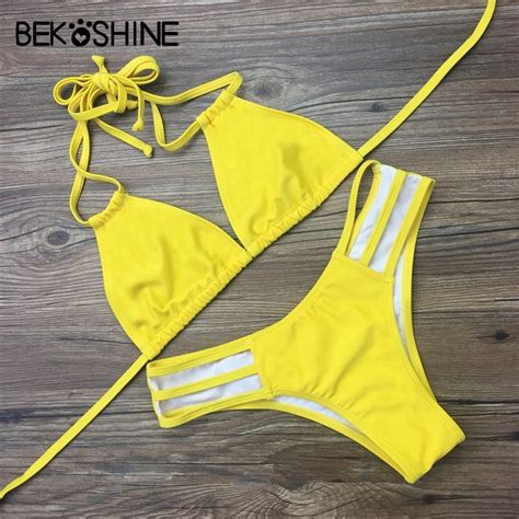 buy bekoshine yellow women bikini sets bandage swimwear lacing solid bikinis