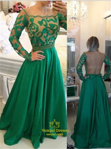 Emerald Green Emerald Green Floor Length Prom Dress With Lace Bodice