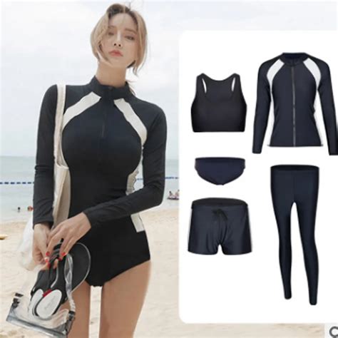long sleeve rash guard women solid one piece swimsuit zipper swimwear 5 sets bathing suits black