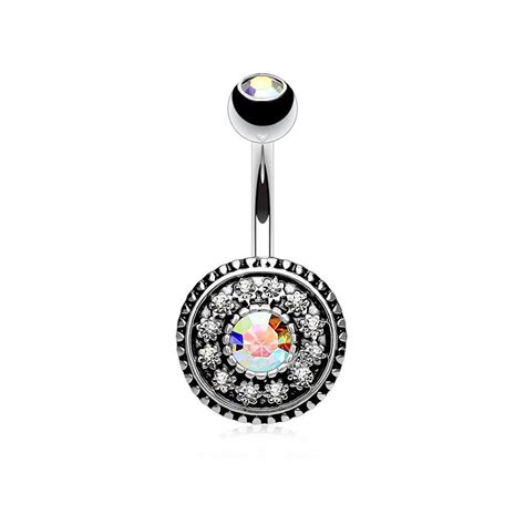 multi cz paved vintage shield 316l surgical steel belly bar navel ring the body jewellery store