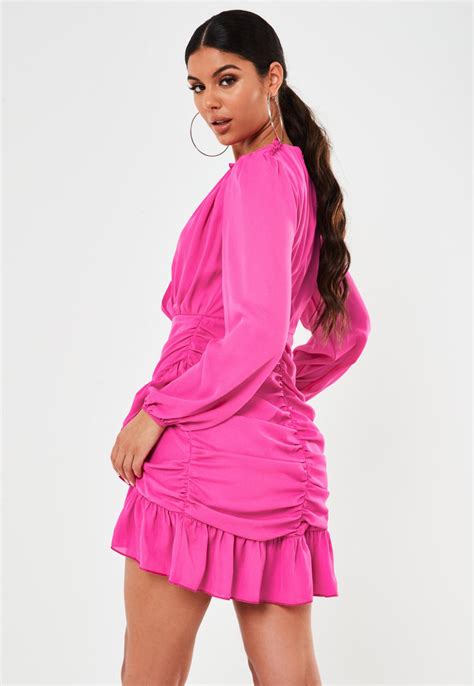 Petite Pink Ruched Ruffle Side Mini Dress Missguided