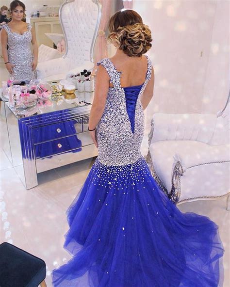 Fully Crystal Beaded Royal Blue Tulle Mermaid Prom Dresses Coloredwedding