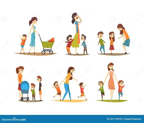 Mamás Cansadas Con Muchos Hijos Madres Caminando Con Niños Al Aire
