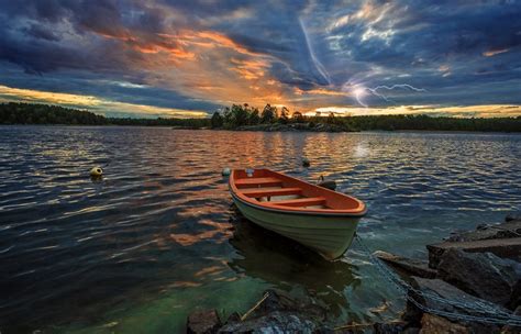 Sweden Rivers Sunrises And Sunsets Boats Scenery Sky Lightning
