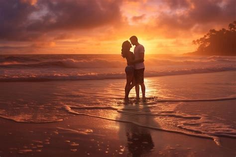 Premium Ai Image Romantic Couple Silhouette On The Beach At Sunrise Generative Ai
