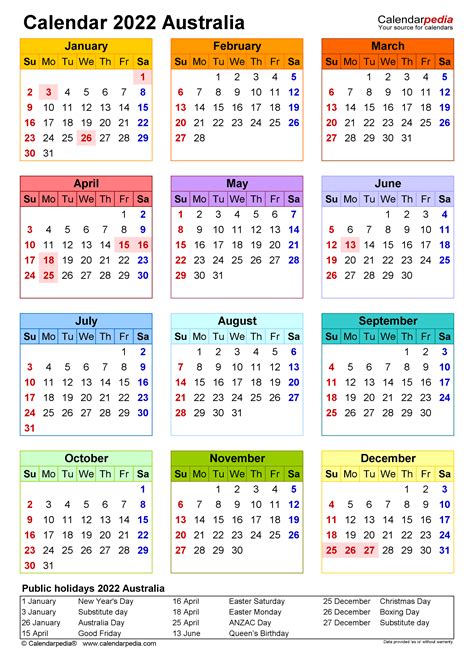 2022 Calendar Australia Printable